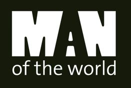 MAN of the world in witte letters op een zwarte achtergrond.
