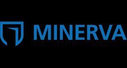 Blaues Minerva-Logo mit stilisiertem Schild-Design auf schwarzem Hintergrund.