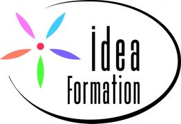 Logo avec le texte "Idea Formation" et un motif floral coloré dans un ovale noir.