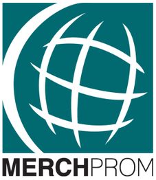 Logo mit stilisiertem Globus und Text "MERCHPROM" darunter. Hintergrundfarbe ist türkis.