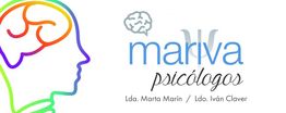 Silueta de cabeza colorida y logo de Mariva Psicólogos con nombres Marta Marín y Iván Claver.