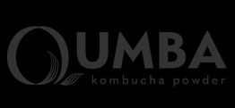 Text reading "OUMBA kombucha powder" with leaf design on a black background.