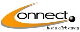 Logo mit orangener, geschwungener Linie und Text: "connect... just a click away".