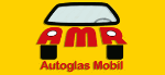Gelbes Logo mit rotem "AMR" und Text "Autoglas Mobil", zeigt eine Auto-Windschutzscheibe.