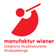 Rotes Logo mit Kreis und Linie, „manufaktur wiener“ und Text über Musikinstrumente.