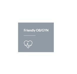 Gray square with "Friendly OB/GYN" text and a heart with a line icon below.