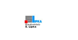 Logo: Lipka Baubetrieb S. Lipka in blauer und schwarzer Schrift mit grauer und roter Grafik.