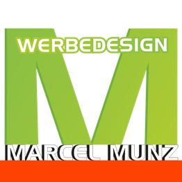 Grünes Logo mit Text "WERBEDESIGN" und "MARCEL MUNZ" in Weiß und einem orangen Streifen unten.