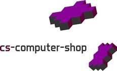 Logo mit Text "cs-computer-shop" und zwei lila, pixelartigen Formen darüber und darunter.