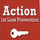 Red background with white text: "Action 1st Loss Prevention" and a key silhouette.