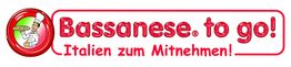 Logo mit Schriftzug "Bassanese. to go! Italien zum Mitnehmen!" und einem Koch mit Pizza.