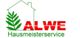 Logo von ALWE Hausmeisterservice mit Hausumriss und grünem Blatt.