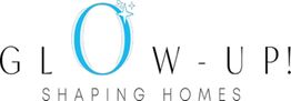 Stylized text logo: "Glow-Up! Shaping Homes" with a blue 'O' and star accents.