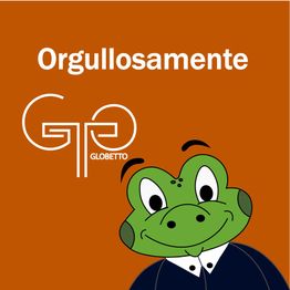 Una rana sonriente con fondo naranja y texto "Orgullosamente" y logo "Globetto" al lado.