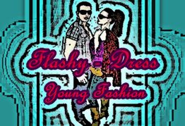 Zwei Personen in stilvoller Kleidung, Text: "Flashy Dress, Young Fashion", bunte geometrische Muster.
