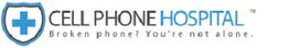 Logo of Cell Phone Hospital with a blue shield and cross, slogan below: “Broken phone? You're not alone."