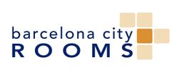 Logo de "Barcelona City Rooms" con cuadros beige y naranja a la derecha.