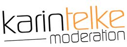 Schriftzug: "karin telke moderation" in schwarzer und orangefarbener Schrift auf weißem Hintergrund.