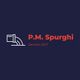 Logo di P.M. Spurghi con tubo e testo "Servizio 24/7" su sfondo blu scuro.
