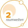 Logo mit der Aufschrift "2 raumwelten", Kreiselemente in Orange und Grau im Hintergrund.