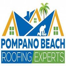 Logo for Pompano Beach Roofing Experts with houses and a palm tree.