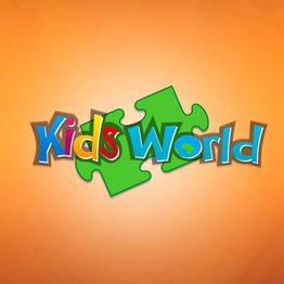 "Kids World logo with colorful letters on green puzzle pieces, orange background."