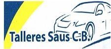 Logotipo de Talleres Saus C.B. con dibujo de coche estilizado en azul y fondo amarillo.