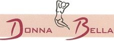 Logo mit gezeichneter Figur und den Worten "Donna Bella" auf cremefarbenem Hintergrund.