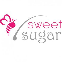 Logo mit pinker Biene und stilisiertem Text "sweet sugar" in Pink und Grau.
