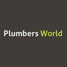 "Plumbers World logo with green 'World' on a dark background."