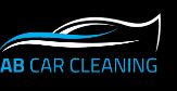 Logo van AB Car Cleaning met gestileerde auto op zwarte achtergrond.