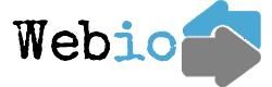 Logo con la palabra "Webio" y flechas azul y gris a la derecha.