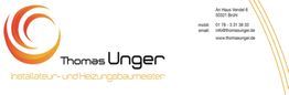 Logo von Thomas Unger, Installateur- und Heizungsbaumeister, mit Kontaktinformationen.