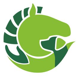 Grünes Logo mit abstrahierten Formen von Pferdekopf und Hundekopf.