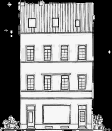 Skizze eines dreistöckigen Gebäudes mit Fenstern und Türen, Personen und einem Hund daneben.