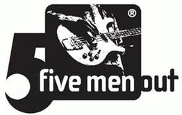 Logo mit E-Gitarre und Schrift "five men out", schwarz-weiß gestaltet.