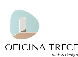 Logo de Oficina Trece, web & design, con diseño abstracto en color turquesa y beige.