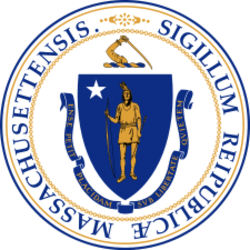 Seal of Massachusetts: Blue shield, Native American, white star, Latin motto, sword above.