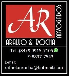 Logo do escritório Araujo & Rocha Advogados com telefone e e-mail de contato em destaque.