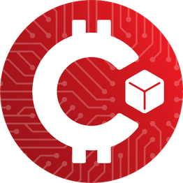 Rotes Logo mit einem großen "C" und einem Würfel auf einem Schaltkreismuster-Hintergrund.