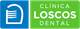 Logotipo de "Clínica Loscos Dental" con fondo azul y verde.