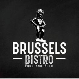 Logo of "Brussels Bistro" featuring a statue with text "Food and Beer".