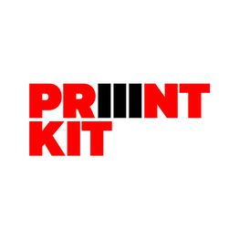 Logo mit rotem Text "PRINT KIT", das "I" wird durch schwarze Balken ersetzt auf weißem Hintergrund.