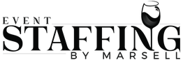 Logo with text: "Event Staffing by Marsell" featuring a wine glass graphic.