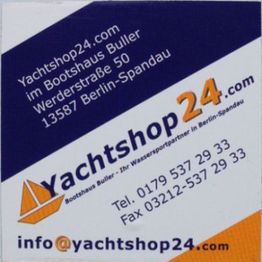 Visitenkarte von Yachtshop24, inklusive Adresse in Berlin-Spandau, Telefonnummer und E-Mail.