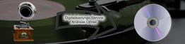 Grammophon und CD mit Schriftzug „Digitalisierungs-Service Andreas Ortner“ zwischen Pfeilen.