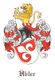 Familienwappen mit Löwen, Helm und roten Verzierungen, darunter steht der Name "Übler".