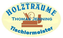 Logo mit Text: "Nordestedter Holzträume, Thomas Jenning, Tischlermeister", Holz-Symbol.