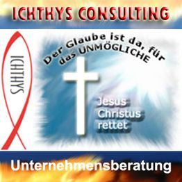 Unternehmenslogo mit Kreuz, Slogan „Der Glaube ist da, für das Unmögliche. Jesus Christus rettet.“