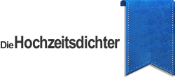 Logo mit dem Schriftzug "Die Hochzeitsdichter" und einer blauen Stofffahne rechts.